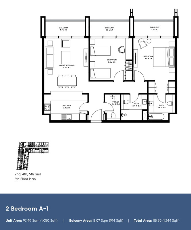 Type A-1, 2nd, 4th, 6th and 8th Floor Plan