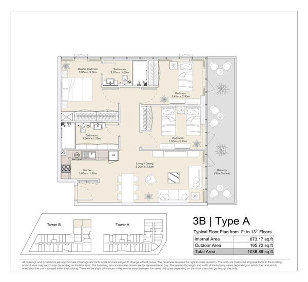 Type A, Typical Floor Plan, 1st to 13th Floors