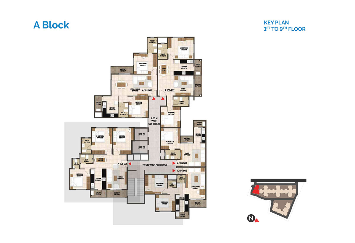 A Block, Key Plan-1st to 9th Floor