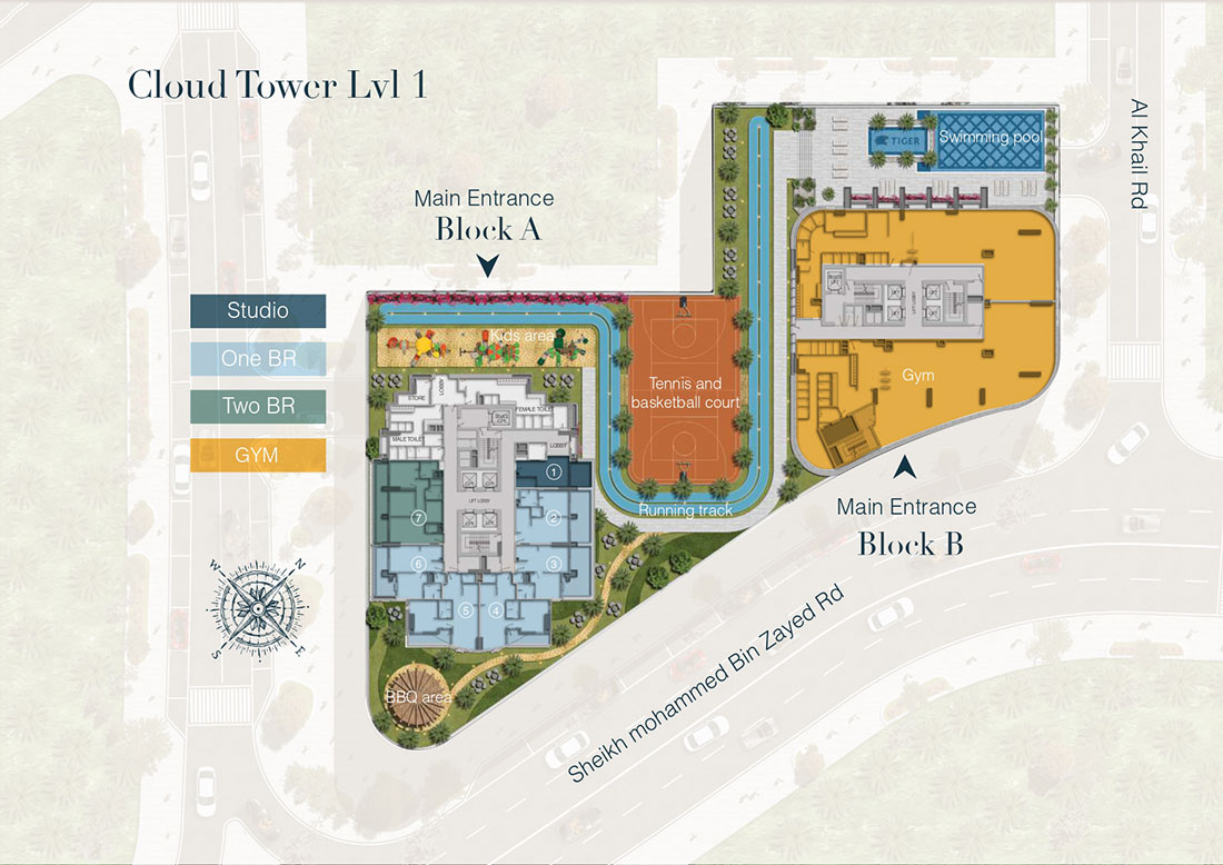 Studio, One BR, Two BR, Gym, Level 1