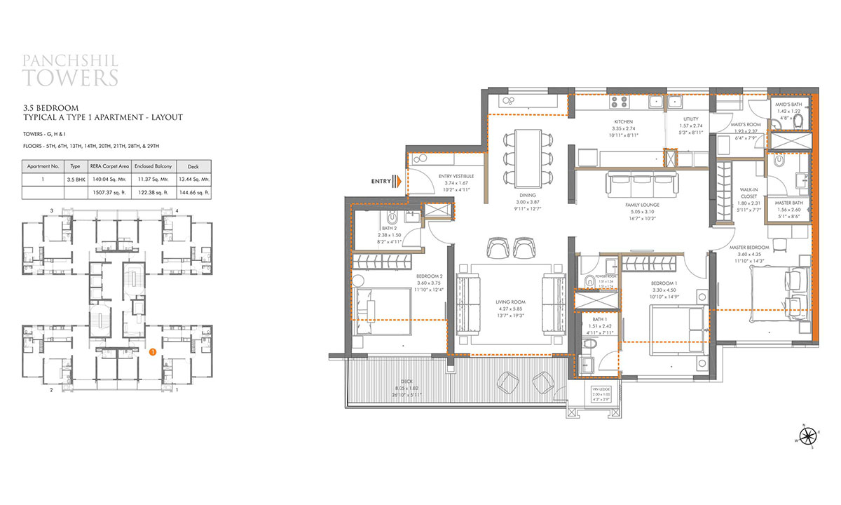 3.5 Bedroom, Typical A, Type 1 Apartment, Tower G,H & I