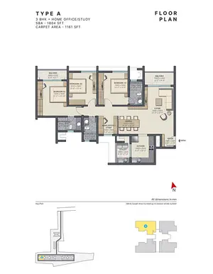Type A, 3 BHK + Home Office-Study