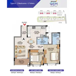 Type A, 2 BHK + 2 Toilets