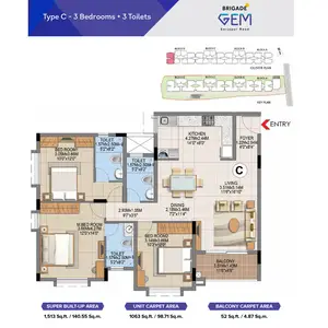 Type C, 3 BHK + 3 Toilets