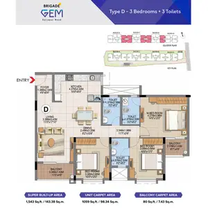 Type D, 3 BHK + 3 Toilets
