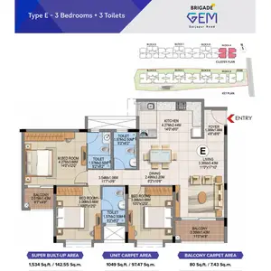 Type E, 3 BHK + 3 Toilets