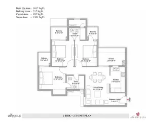 3 BHK + 2T Unit Plan