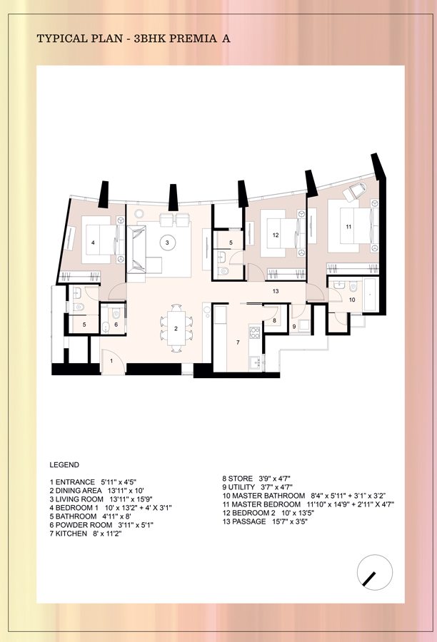 Typical Floor plan, 3BHK Premia A