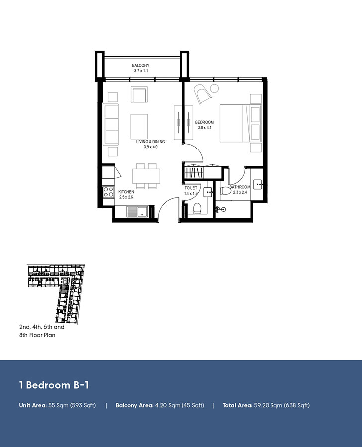 Type B-1, 2nd, 4th, 6th and 8th Floor Plan