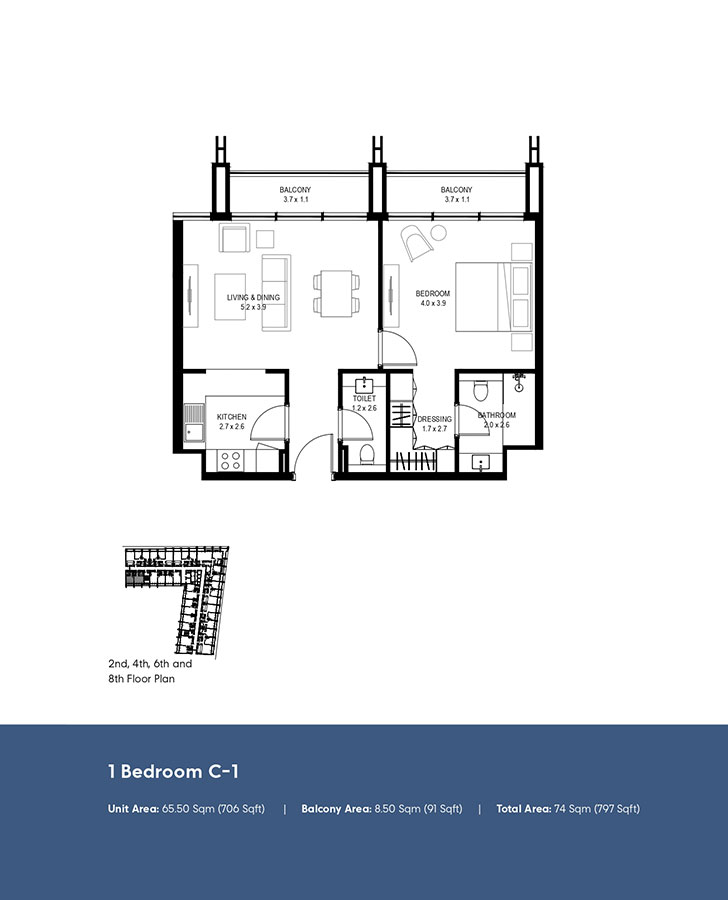 Type C-1, 2nd, 4th, 6th and 8th Floor Plan