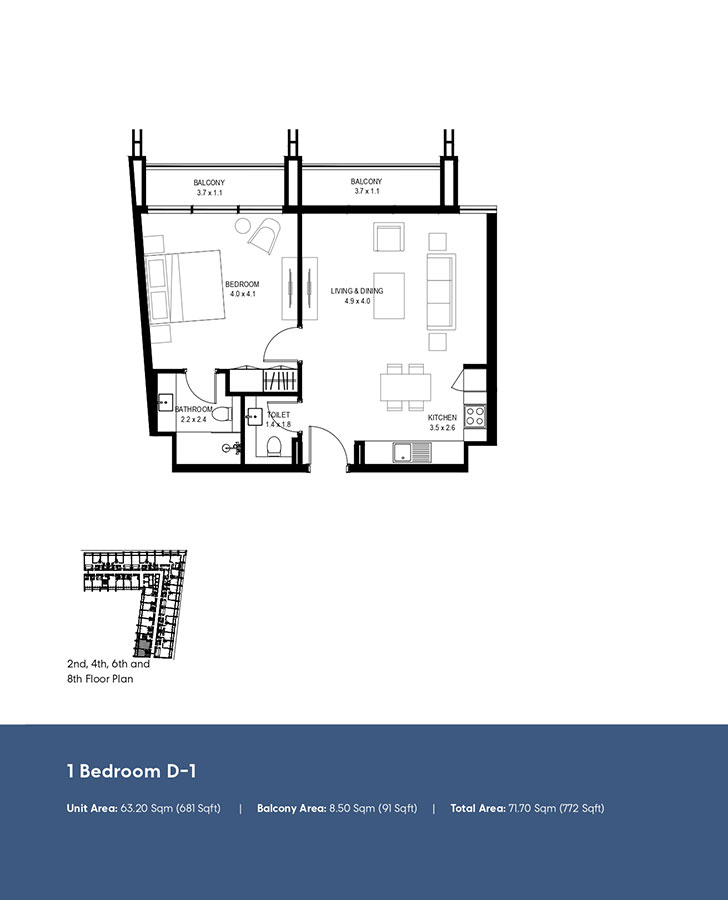 Type D-1, 2nd, 4th, 6th and 8th Floor Plan