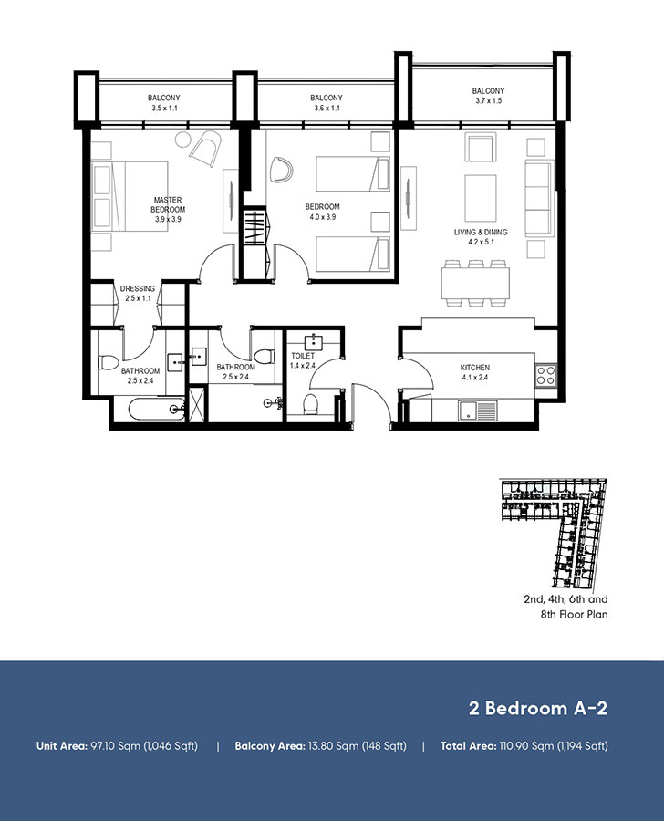 Type A-2, 2nd, 4th, 6th and 8th Floor Plan
