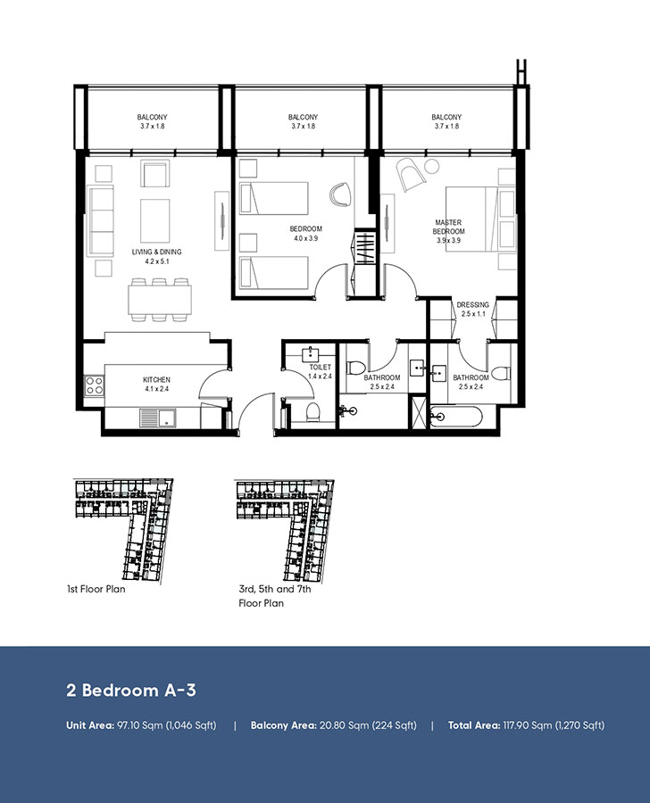 Type A-3, 1st, 3rd, 5th and 7th Floor Plan
