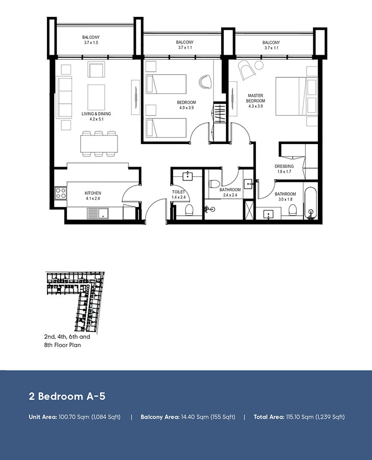 Type A-5, 2nd, 4th, 6th and 8th Floor Plan