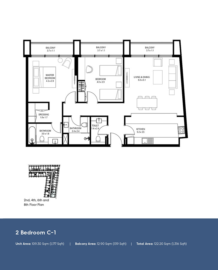 Type C-1, 2nd, 4th, 6th and 8th Floor Plan